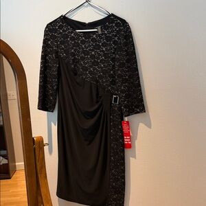 Black Lace-Overlay Long Sleeve Cocktail Dress with Side Buckle